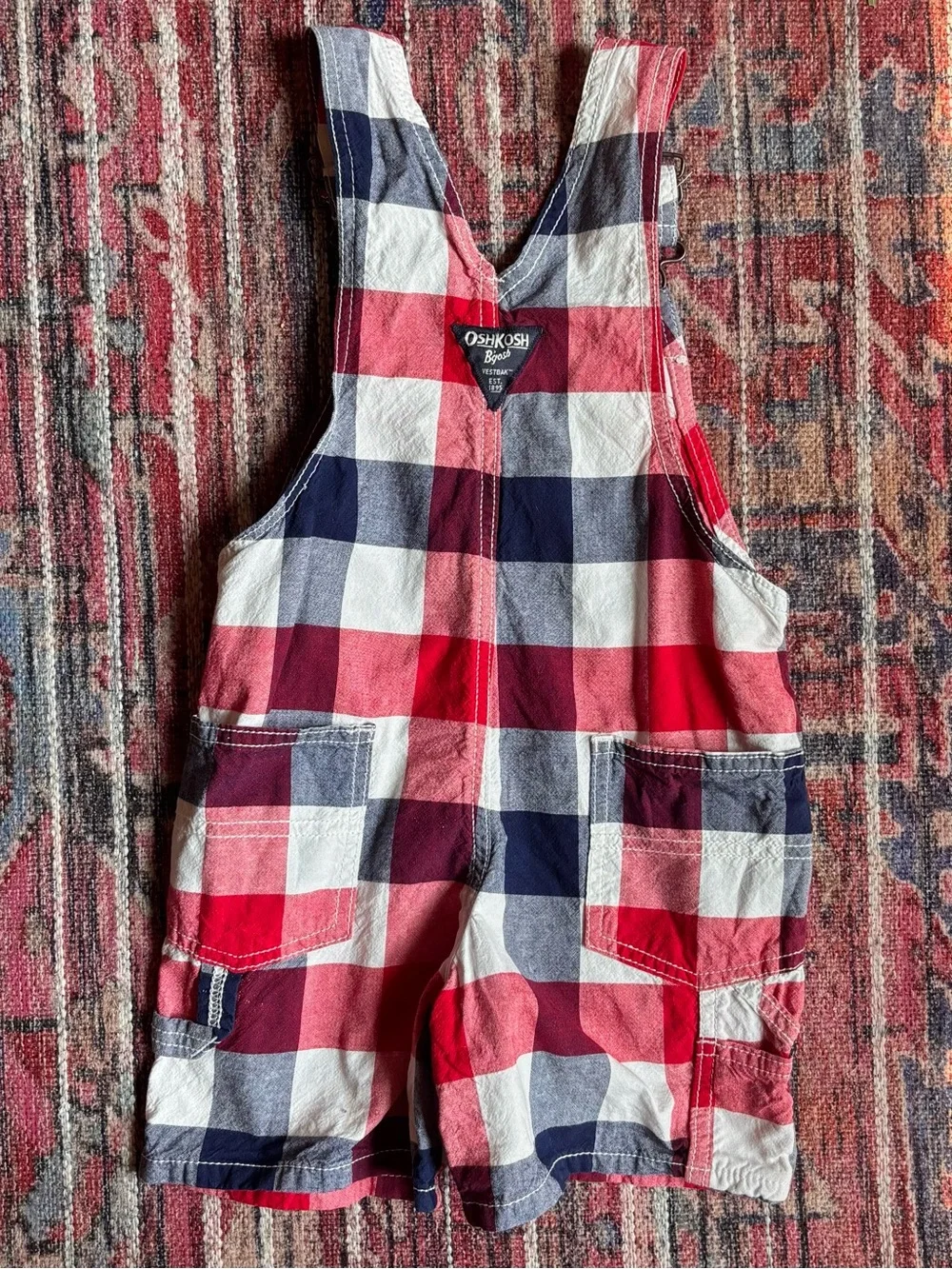 Oshkosh 3T 100% Cotton Red, White, and Blue Plaid Shortalls